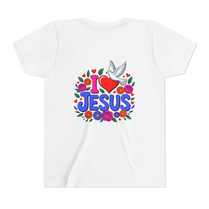 Youth Tee — "I  Jesus" Colorful Dove & Floral Christian Shirt