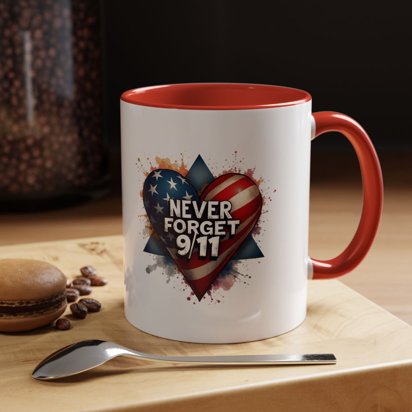 Never Forget 9/11 Heart Accent Coffee Mug – Patriotic Memorial 11/15oz