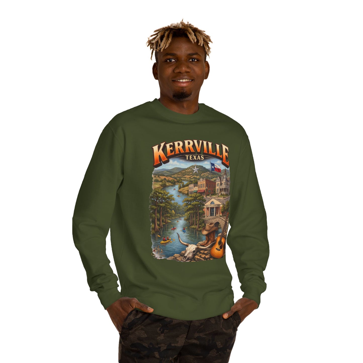 Kerrville Texas Scenic Crewneck Sweatshirt — Riverfront Guitar Vintage Design