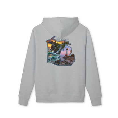 Michigan Lakeshore Hoodie — Scenic Lighthouse Sunset State Silhouette