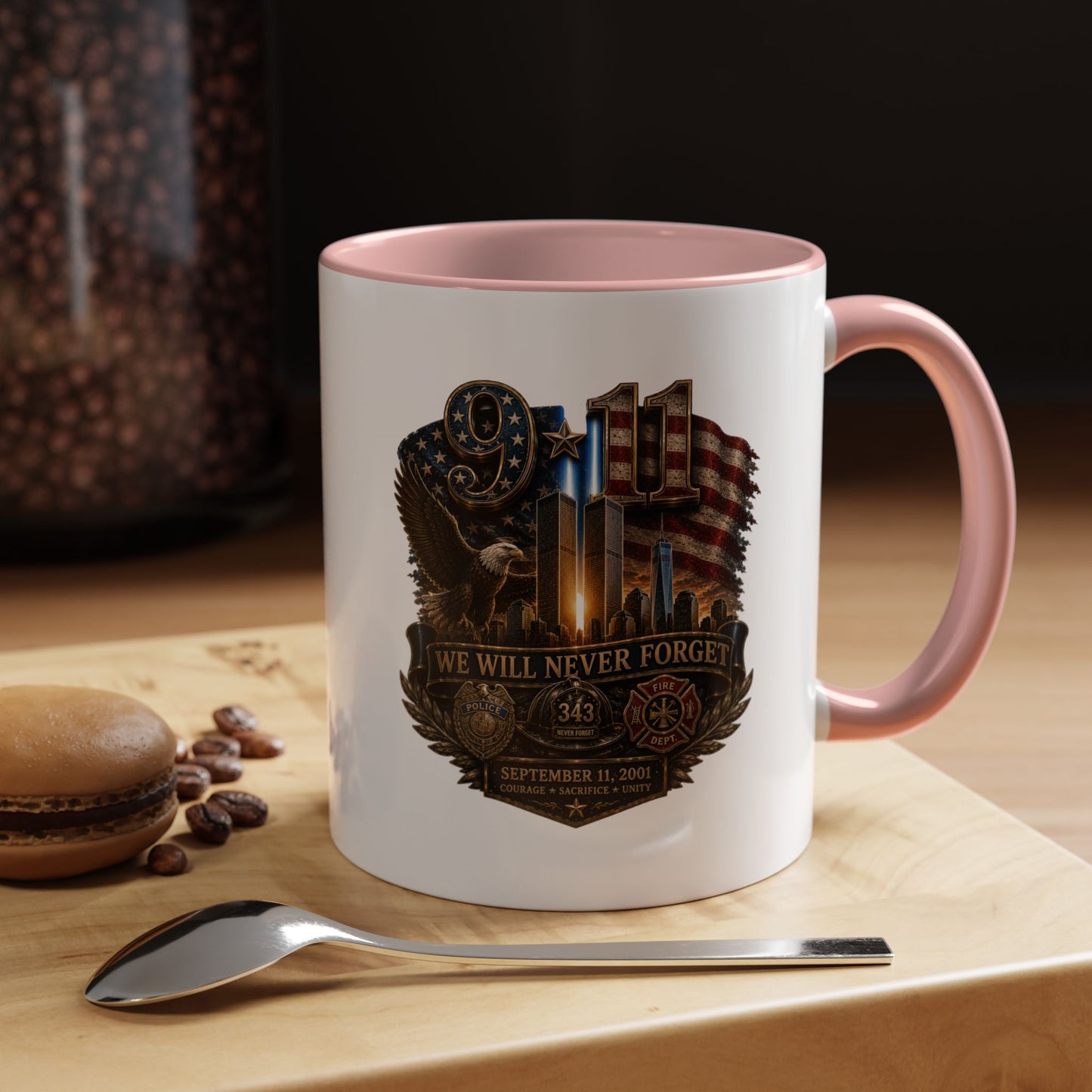 We Will Never Forget 9/11 Memorial Coffee Mug — Patriotic Tribute Accent Mug