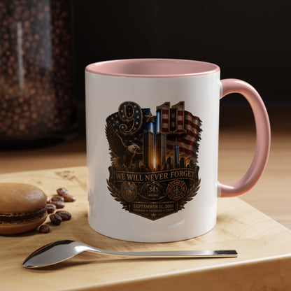We Will Never Forget 9/11 Memorial Coffee Mug — Patriotic Tribute Accent Mug