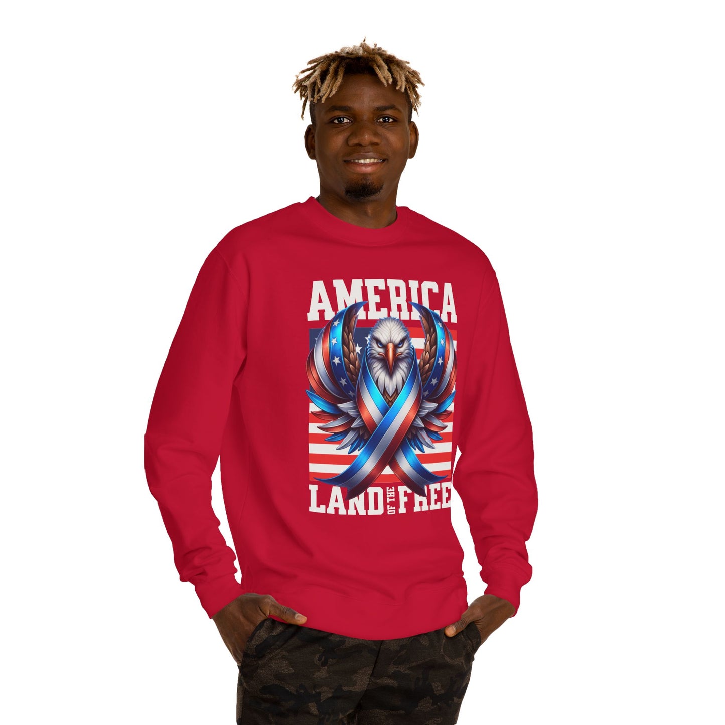 America Land of the Free Sweatshirt — Patriotic Eagle Ribbon Crewneck