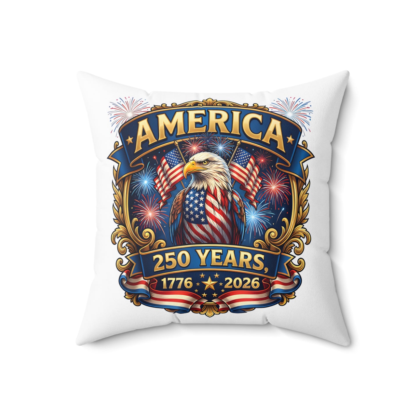 America 250th Anniversary Decorative Pillow — Eagle & Fireworks 1776–2026
