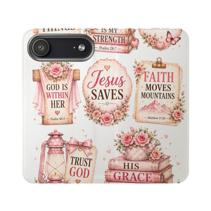 Christian Floral Phone Flip Case — "Jesus Saves" & Inspirational Scripture Wallet Cover