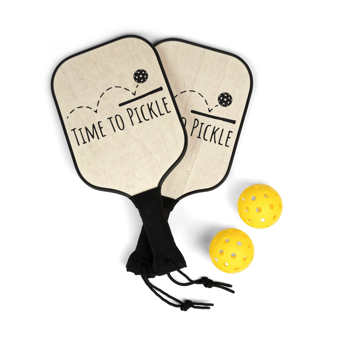 Pickleball Paddle Set - "Time to Pickle" Lightweight Wooden Paddles with Balls (2-Pack)
