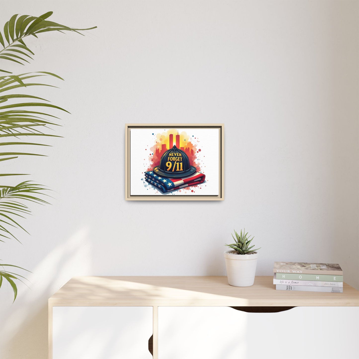 Never Forget 9/11 Framed Canvas Print — Firefighter Helmet & American Flag Memorial Art