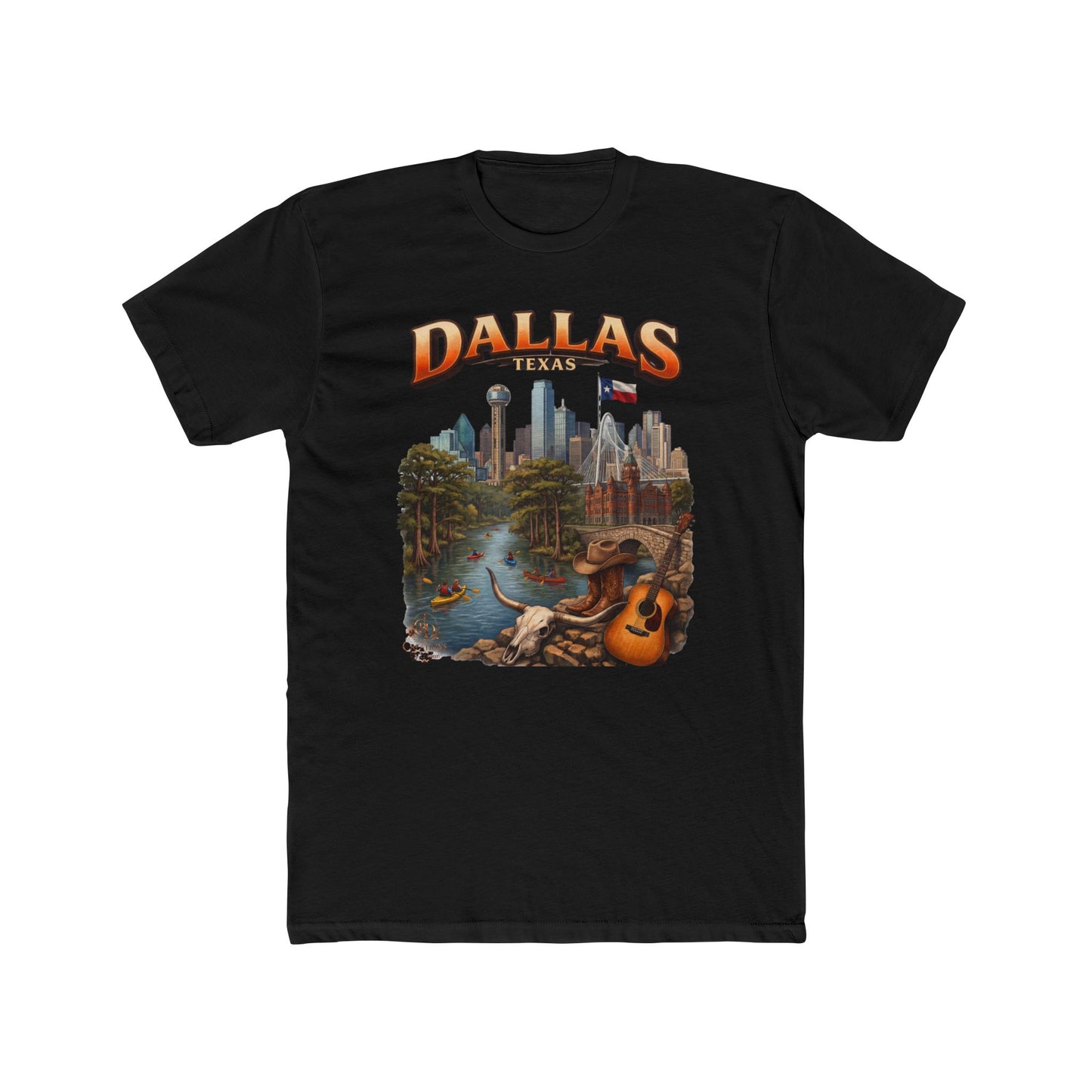 Dallas Skyline Graphic Tee — Retro Cityscape with Guitar