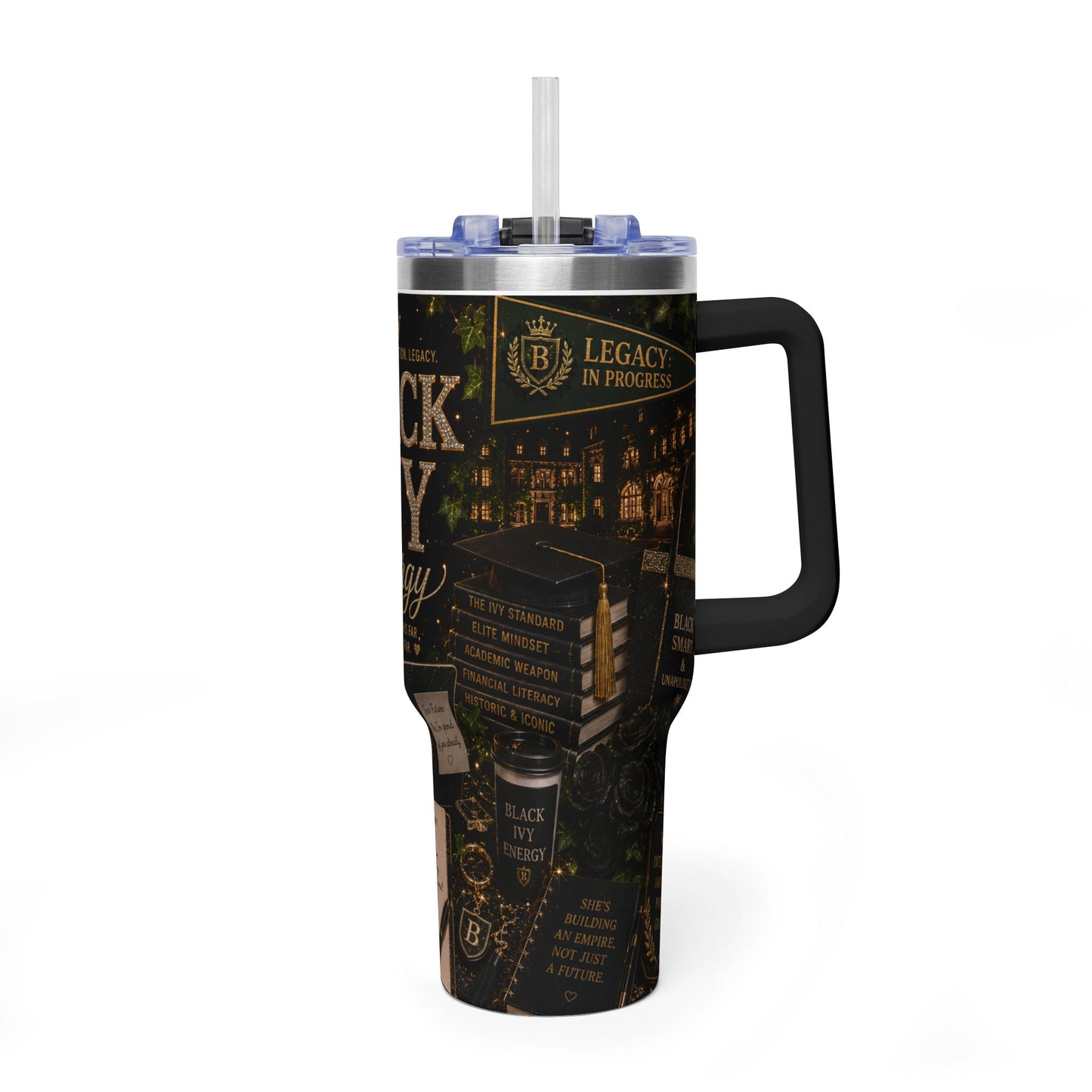 Black Ivy Energy 40oz Vacuum Tumbler — Insulated Travel Mug with Handle (Black Ivy Design)