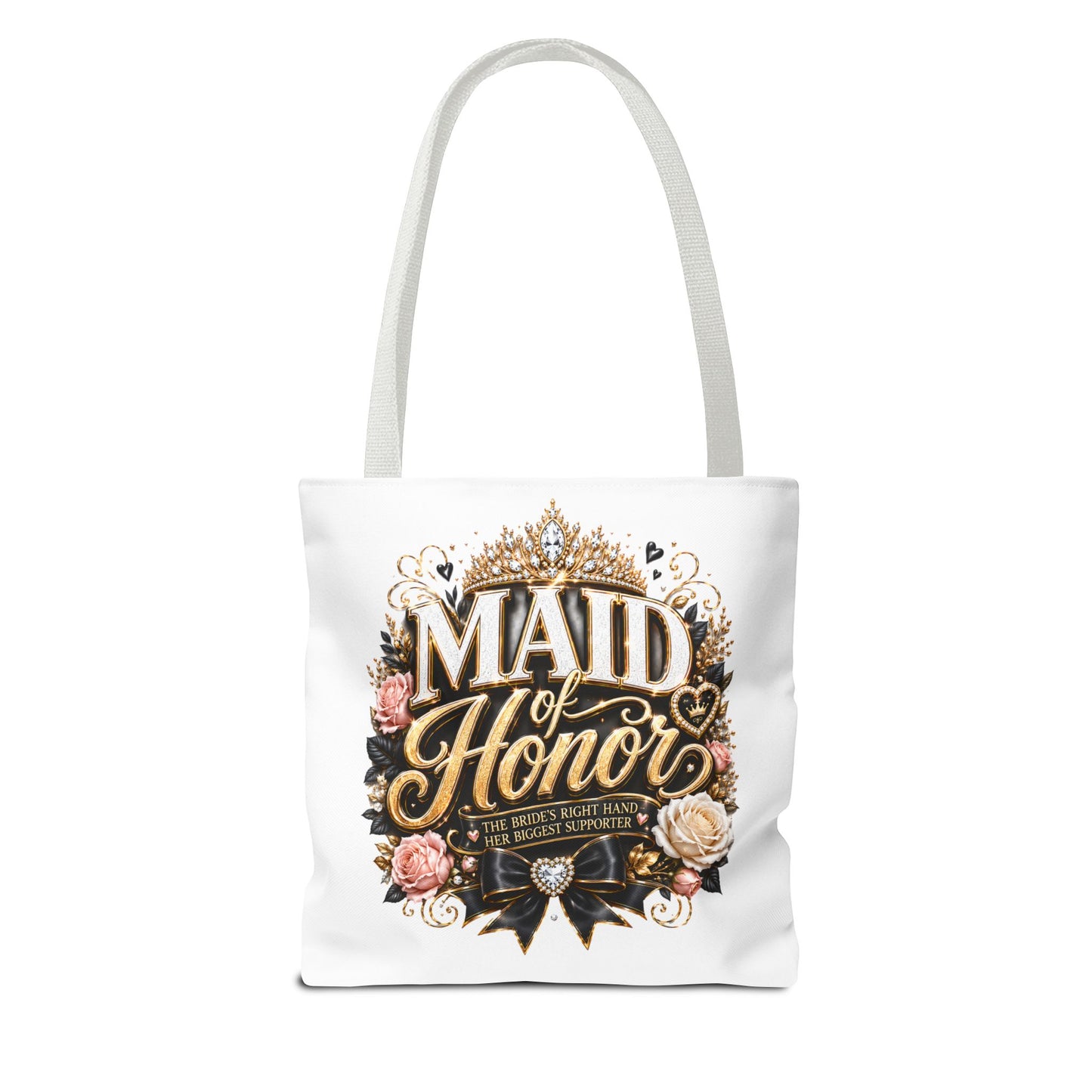 Maid of Honor Tote Bag — Elegant Bridal Party Gift with Gold Crown Floral Design