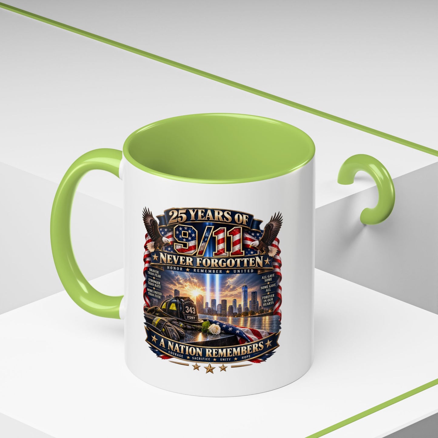 9/11 Memorial Coffee Mug — "25 Years of Never Forgotten" Patriot Tribute