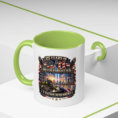 9/11 Memorial Coffee Mug — "25 Years of Never Forgotten" Patriot Tribute