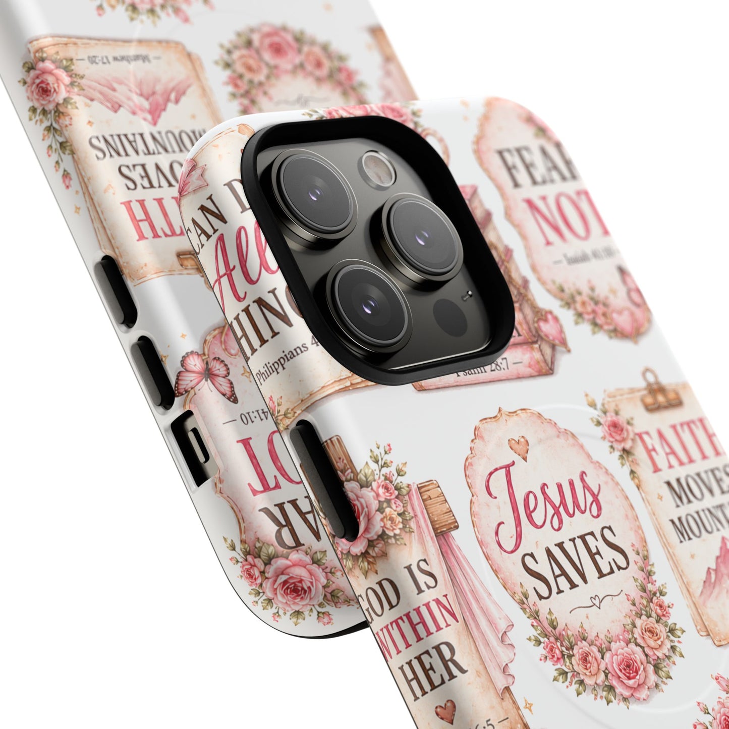 Christian Faith iPhone Tough Magnetic Case — 'Jesus Saves' Floral Scripture Design (Fear Not, Faith Moves Mountains)