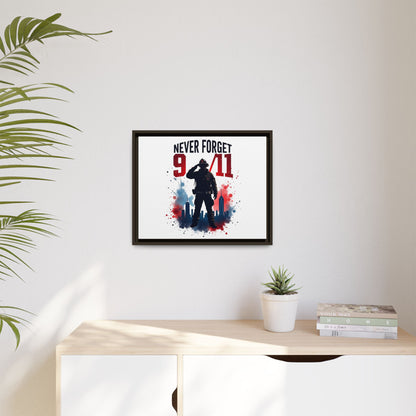 Never Forget 9/11 Framed Canvas Print — Patriotic Firefighter Memorial Art