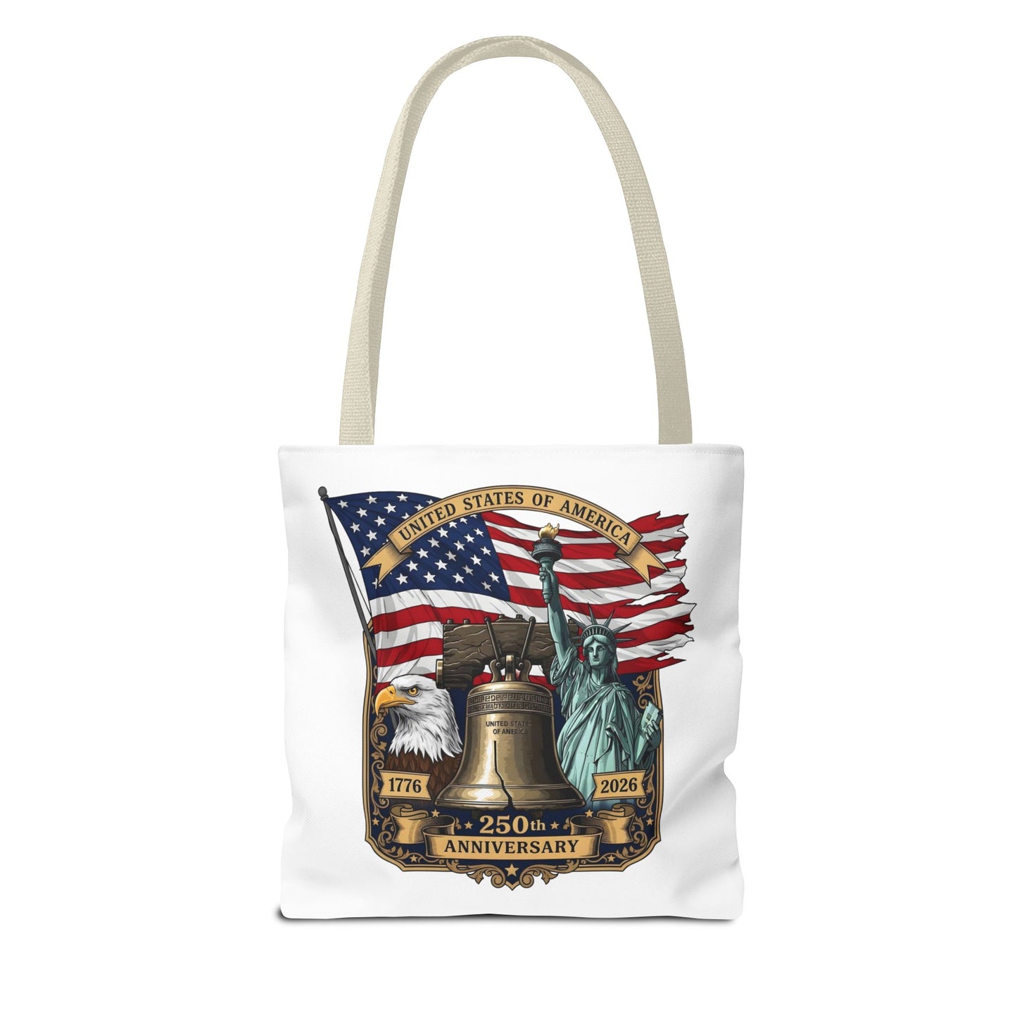 Patriotic 250th Anniversary Tote Bag — USA Flag, Liberty Bell & Eagle Design
