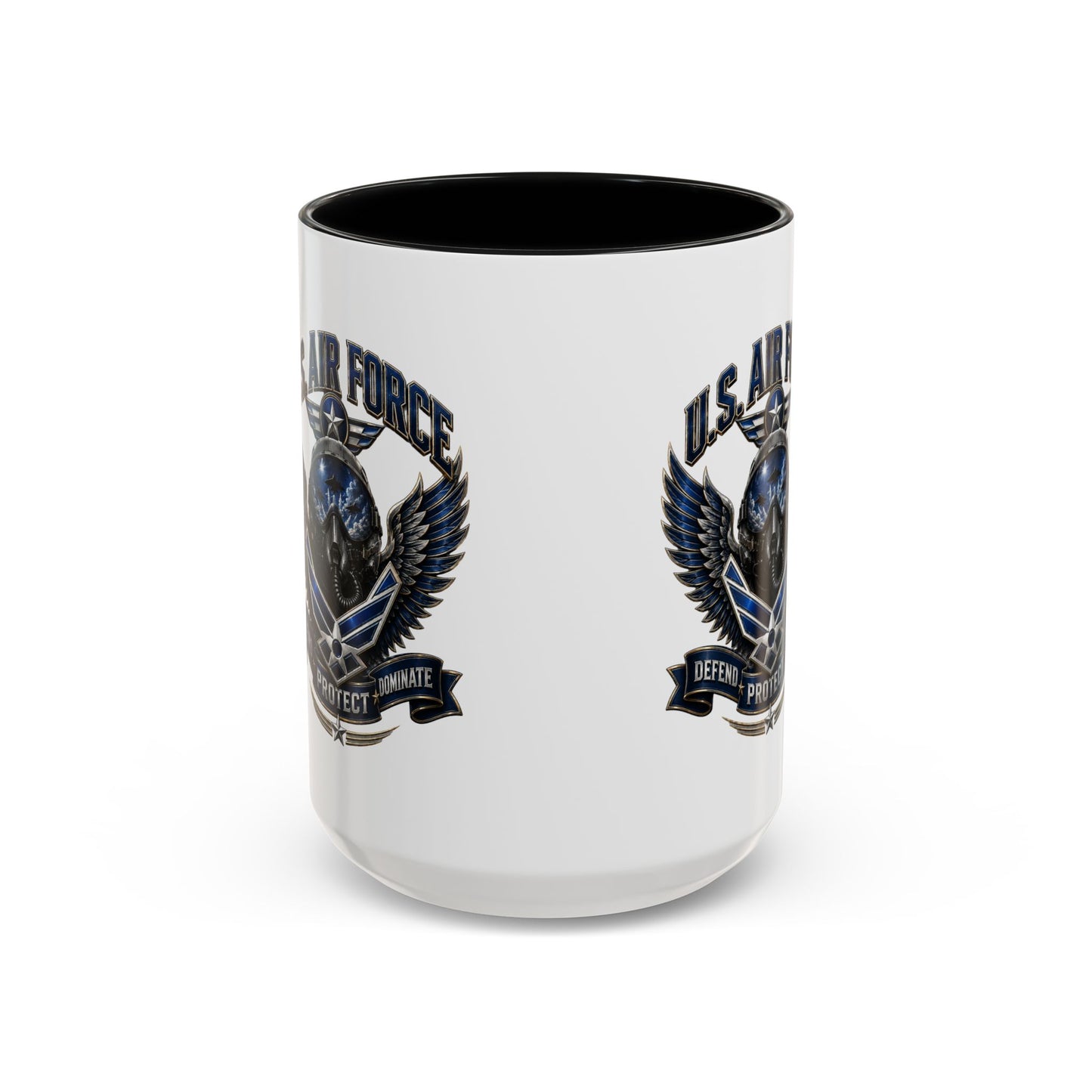 U.S. Air Force Emblem Accent Coffee Mug — Defend Protect Dominate (11/15oz)