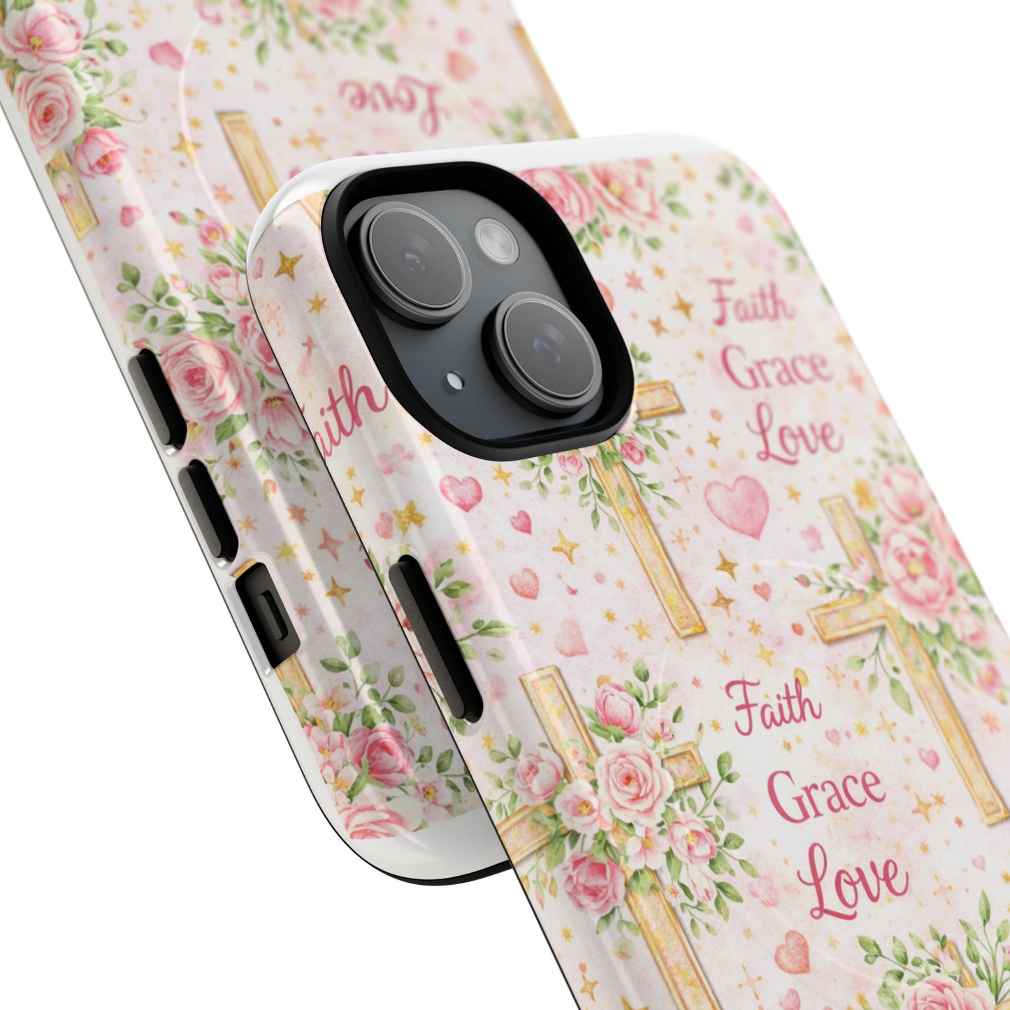 Christian Floral Cross Phone Case — "Faith Grace Love" Tough Magnetic Case
