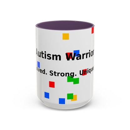 Autism Warrior Accent Coffee Mug – Bold Puzzle Pieces, Proud. Strong. Unique. (11/15oz)