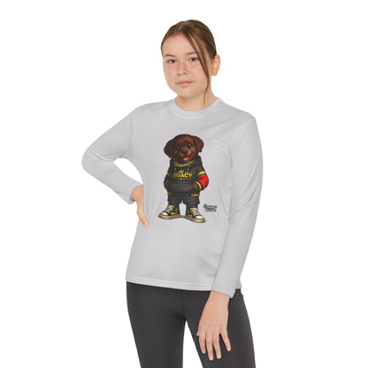 Kids Long Sleeve Tee — Brown Puppy Wearing 'Legacy' Hoodie Graphic