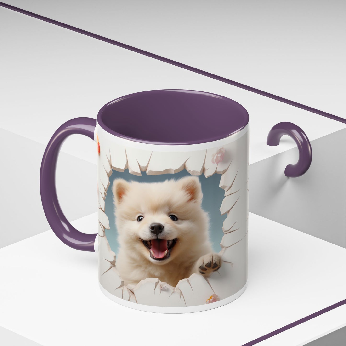 Pomeranian Peek Accent Coffee Mug — Cute Puppy Breakthrough Design (11/15 oz)