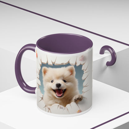 Pomeranian Peek Accent Coffee Mug — Cute Puppy Breakthrough Design (11/15 oz)