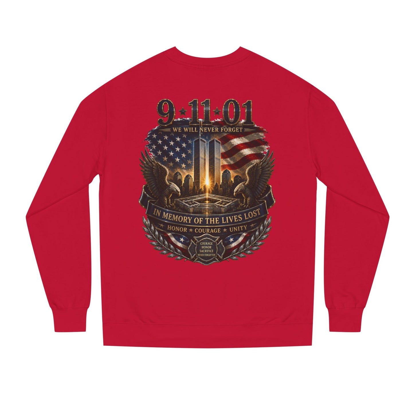 9/11 Memorial Sweatshirt - ‘We Will Never Forget’ Tribute Crewneck with Twin Towers & Flag