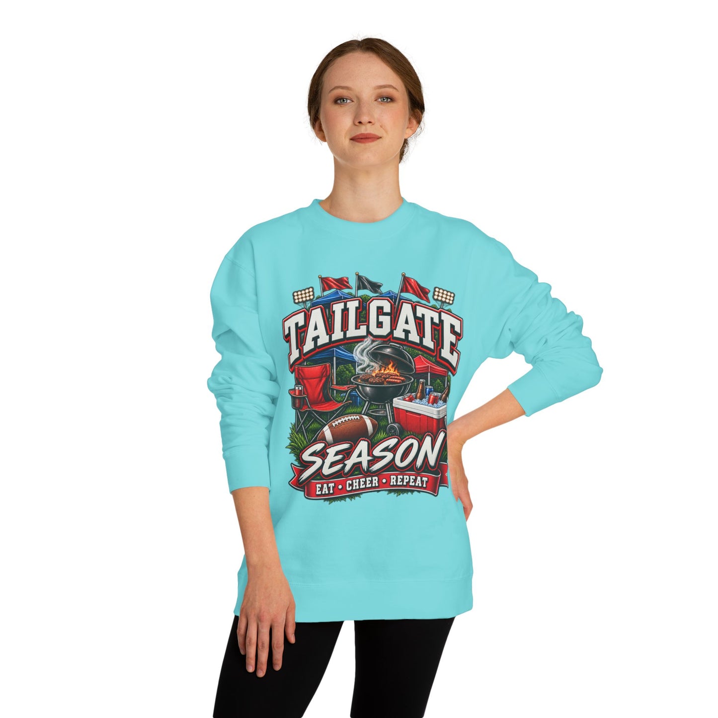 Tailgate Season Sweatshirt — "Eat • Cheer • Repeat" Football Tailgating Crewneck