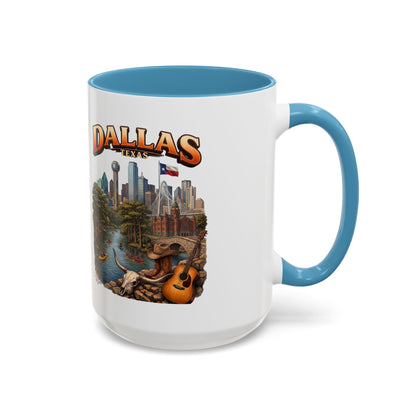 Dallas Skyline Accent Coffee Mug — Texas Souvenir Mug with Guitar & Cityscape