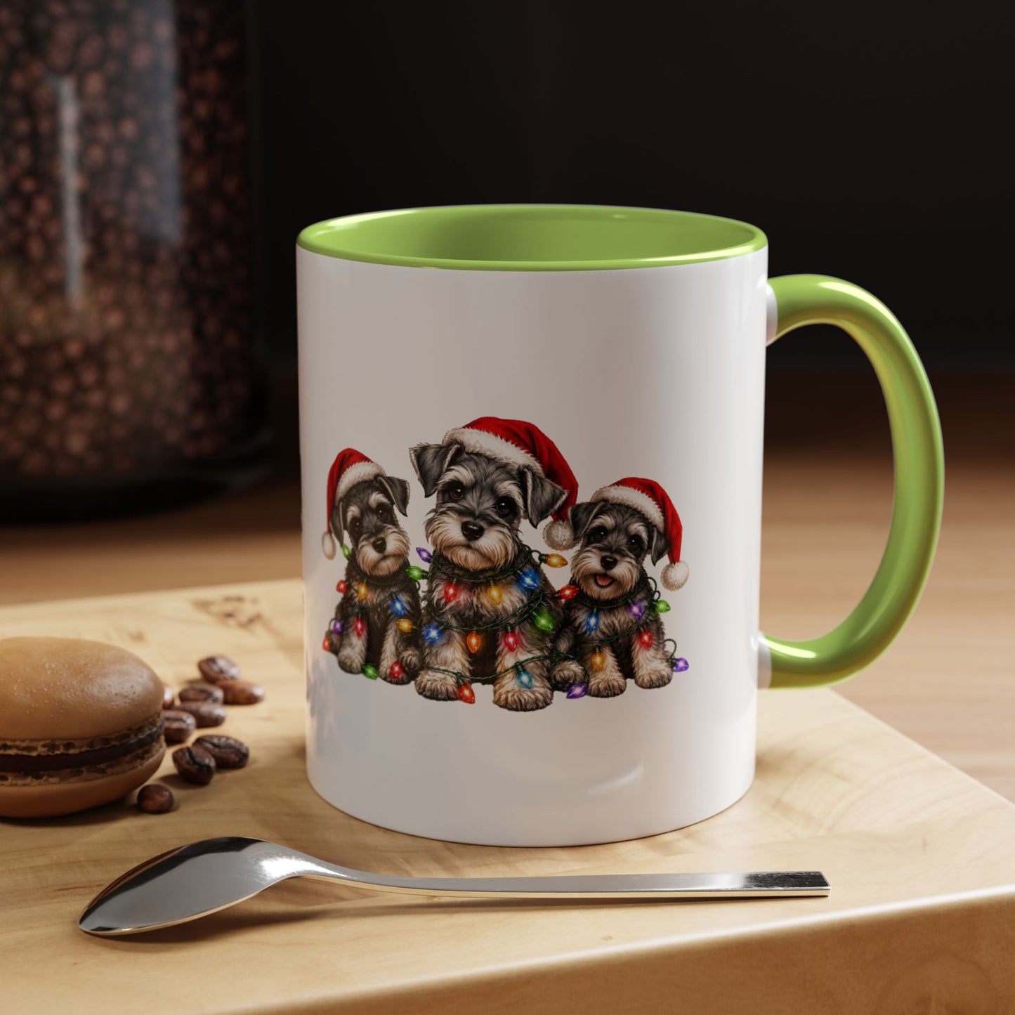 Christmas Puppy Coffee Mug — Cute Schnauzer Trio with Santa Hats & Holiday Lights (11/15oz)