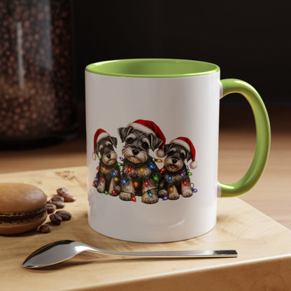 Christmas Puppy Coffee Mug — Cute Schnauzer Trio with Santa Hats & Holiday Lights (11/15oz)