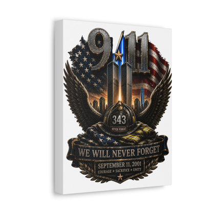9/11 Memorial Stretched Canvas — "We Will Never Forget" Tribute Art (September 11, 2001)