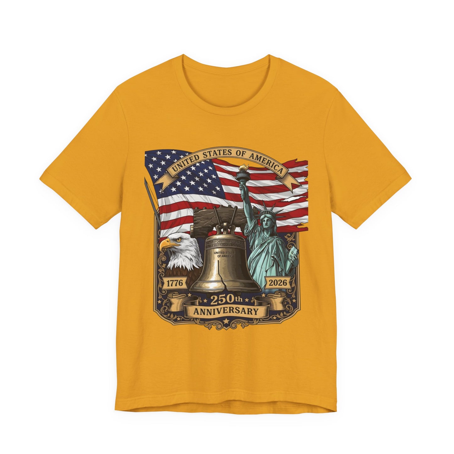 Patriotic 250th Anniversary T-Shirt - Liberty Bell, Bald Eagle & Statue of Liberty