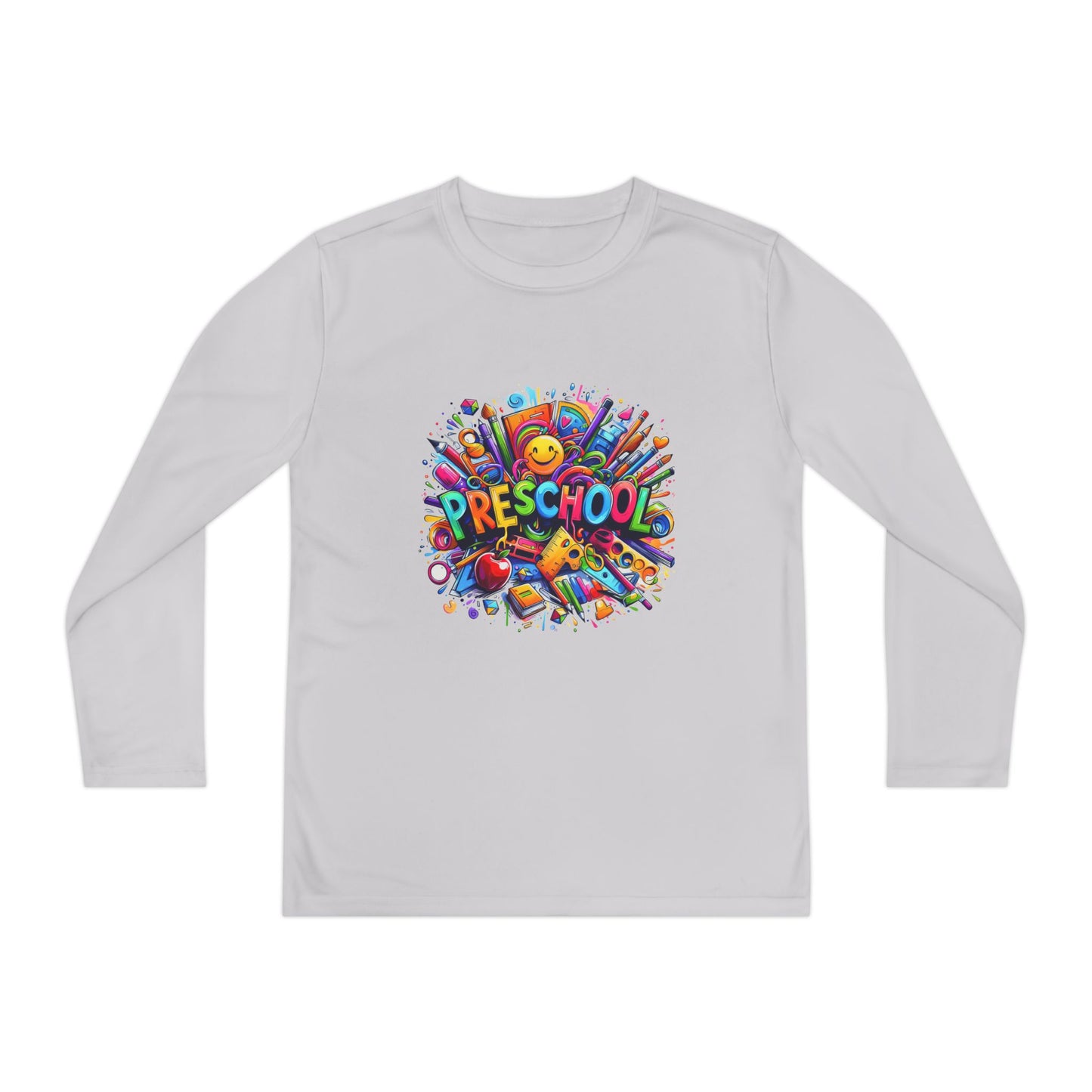 Youth Preschool Long Sleeve Tee - Colorful School Supplies Design