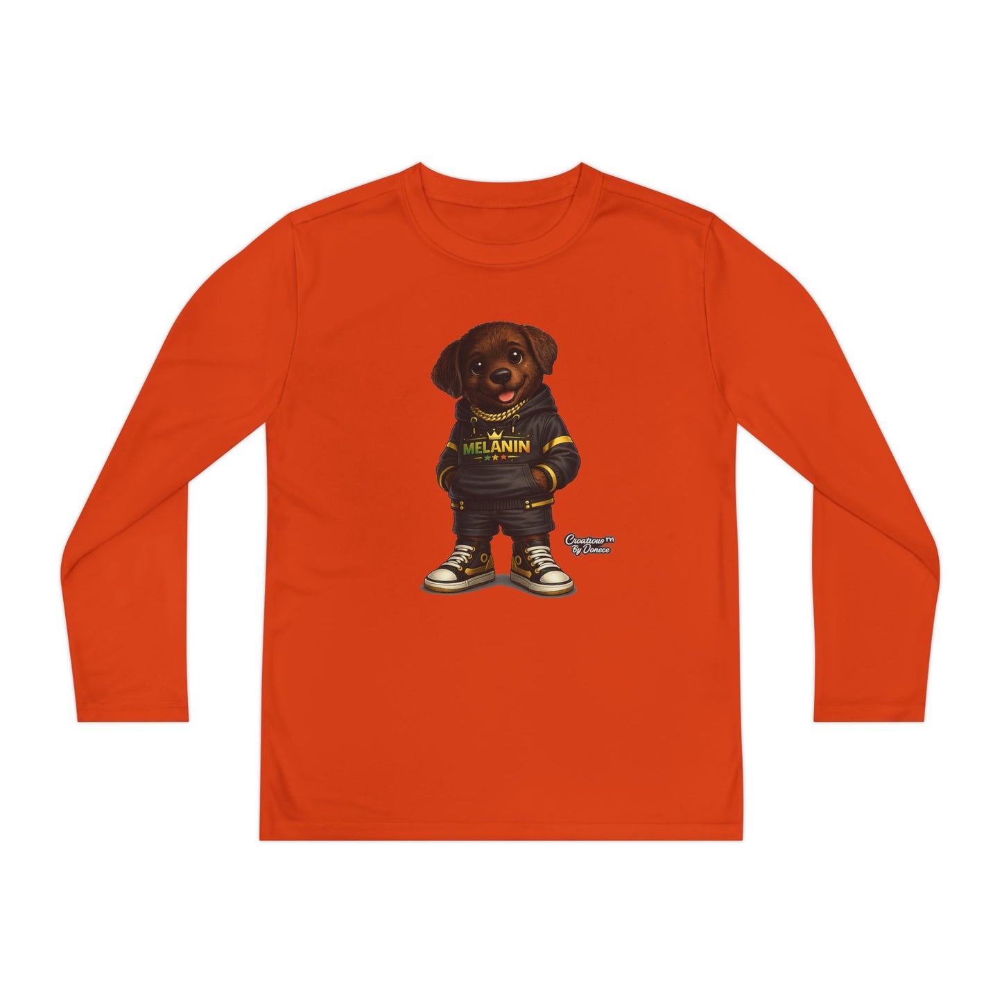 Youth Long Sleeve Tee — Cute Rottweiler Pup Graphic "Melanin" Hoodie Design
