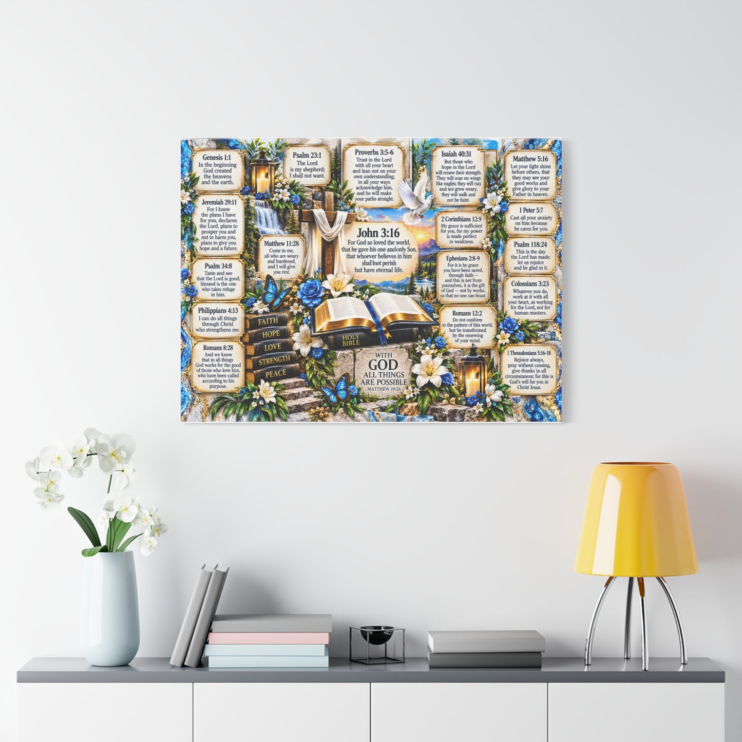 Scripture Canvas Wall Art — John 3:16 & Favorite Bible Verses Decorative Print