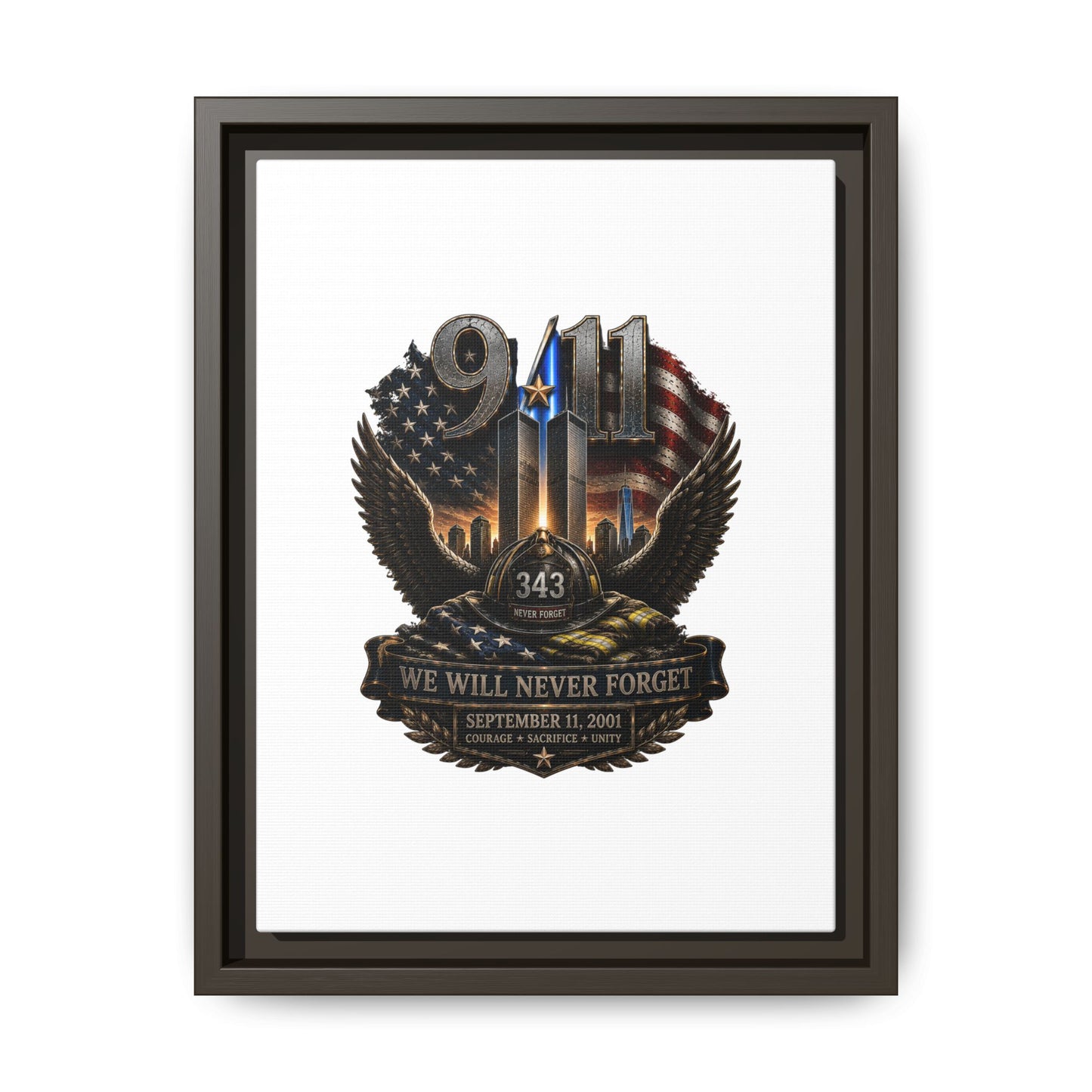 9/11 Memorial Matte Canvas Print — "We Will Never Forget" Framed Tribute