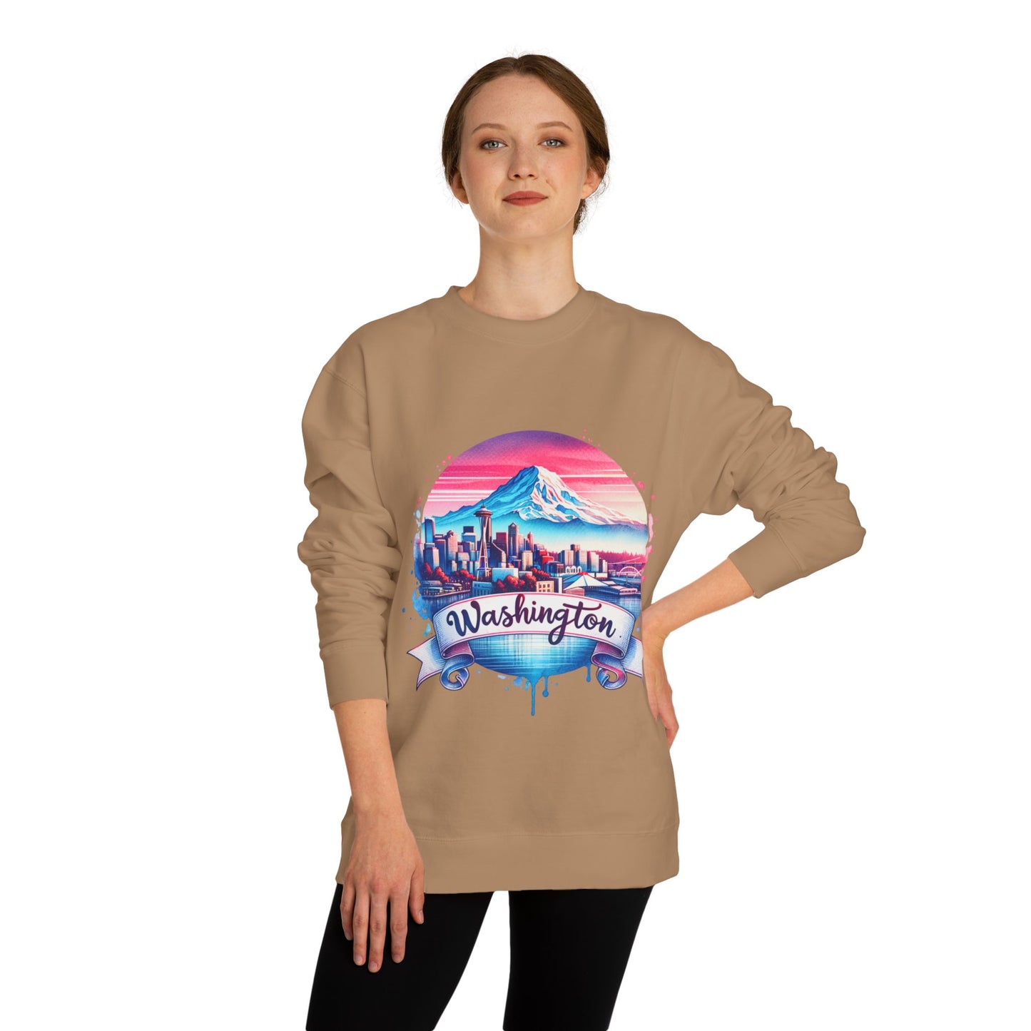 Washington Scenic Crewneck Sweatshirt — Mountain & City Skyline Design