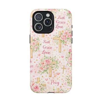 Faith Grace Love Tough Magnetic Phone Case — Floral Cross Protective Cover