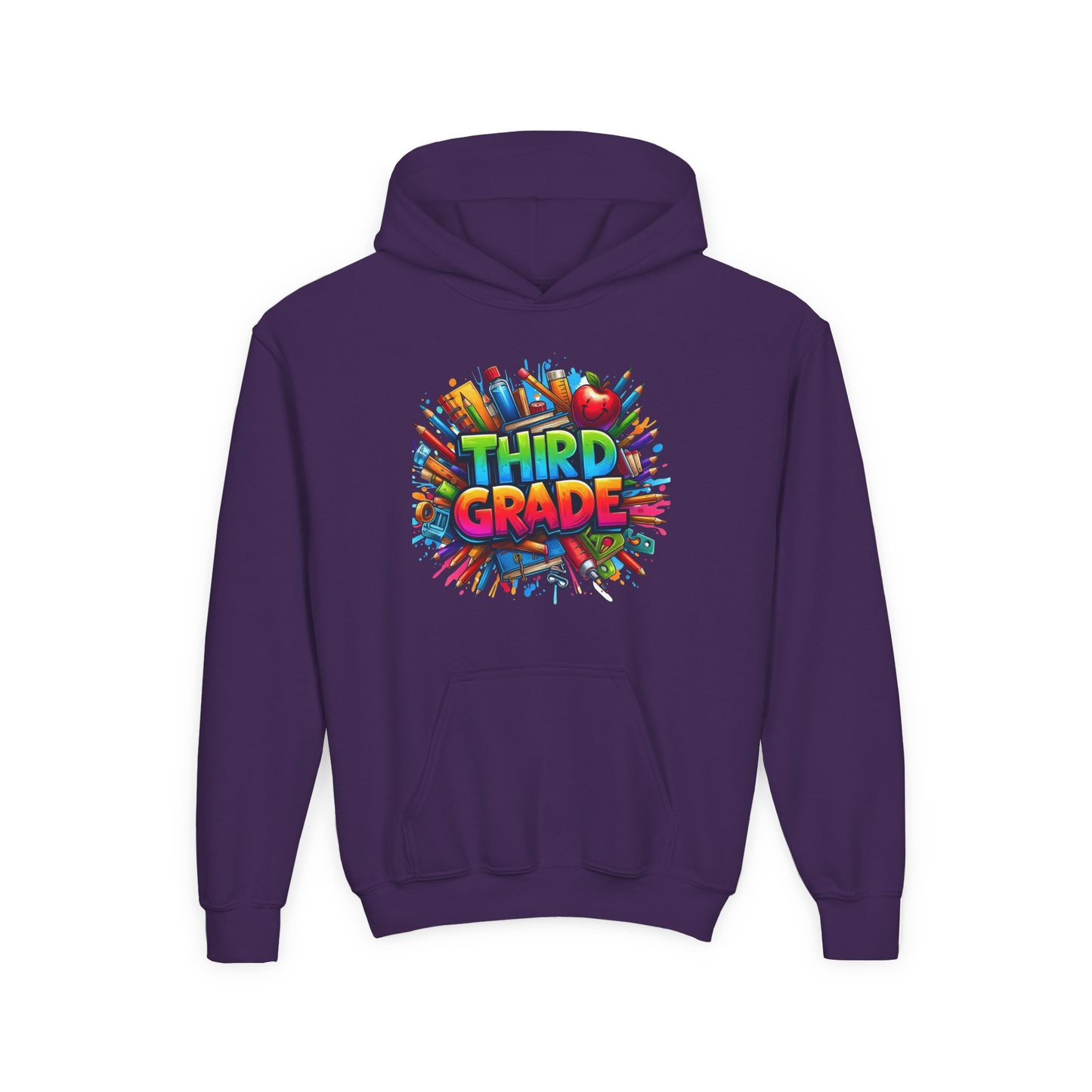 Third Grade Kids Hoodie — Colorful School Supplies Back-to-School Sweatshirt