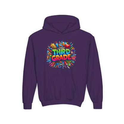Third Grade Kids Hoodie — Colorful School Supplies Back-to-School Sweatshirt