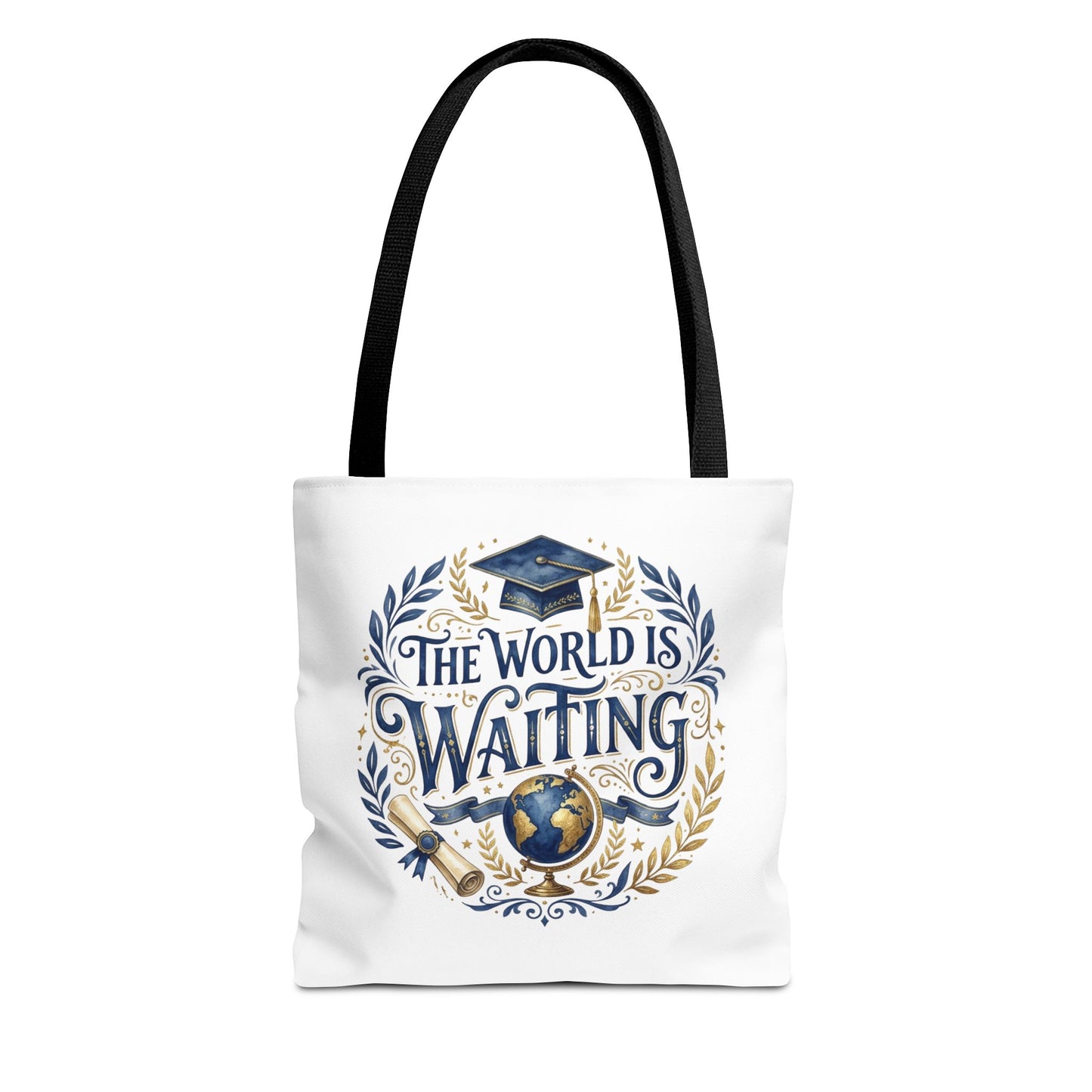 Graduation Tote Bag – "The World Is Waiting" Cap & Globe Design