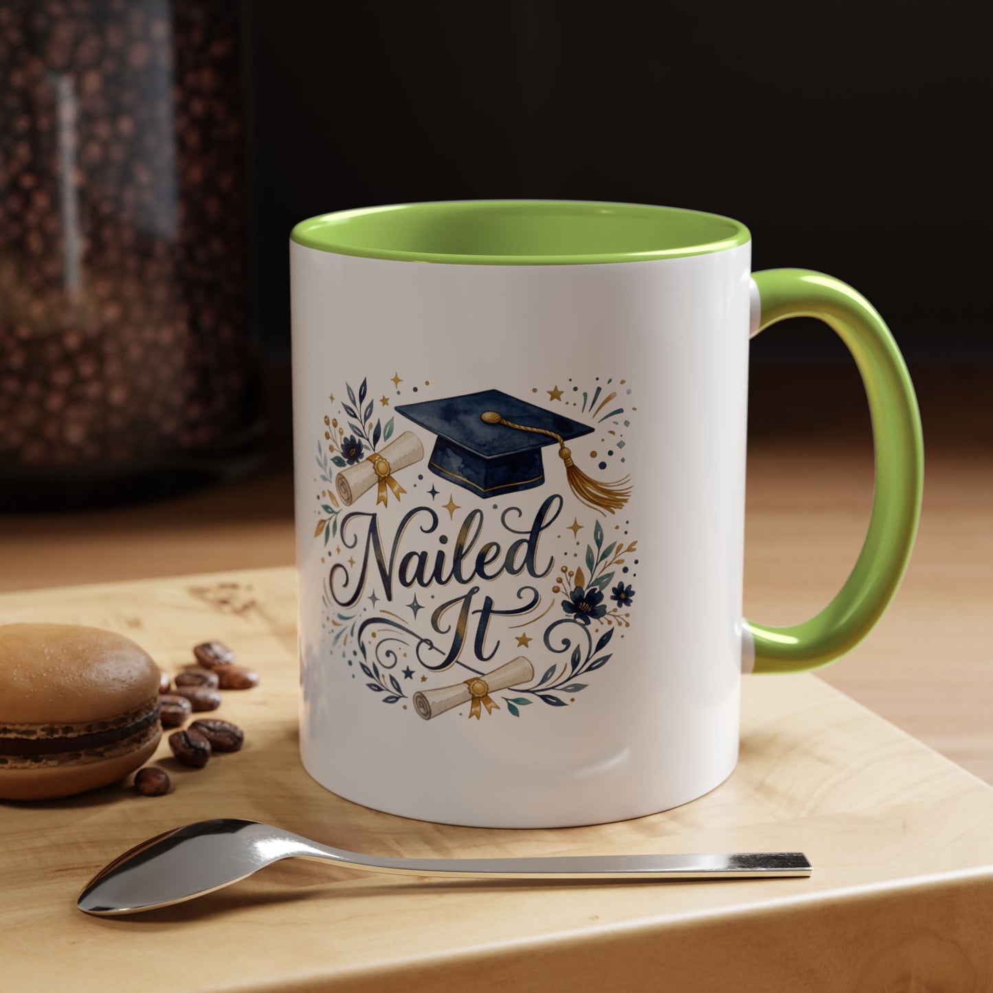 Nailed It Graduation Coffee Mug – Navy Cap & Floral 11/15oz Accent Mug