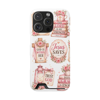 Christian Floral Phone Case with Card Holder — 'Jesus Saves' Inspirational Design