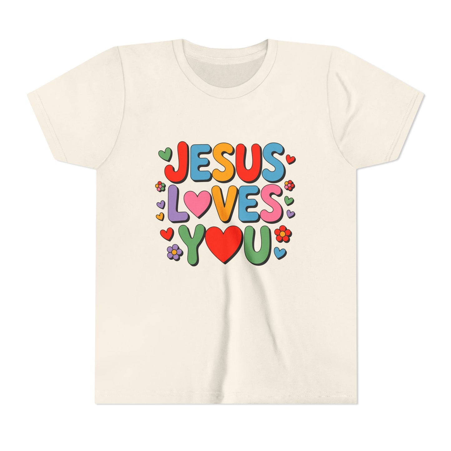 Youth Tee - "Jesus Loves You" Colorful Heart & Flower Christian Shirt