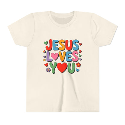 Youth Tee - "Jesus Loves You" Colorful Heart & Flower Christian Shirt