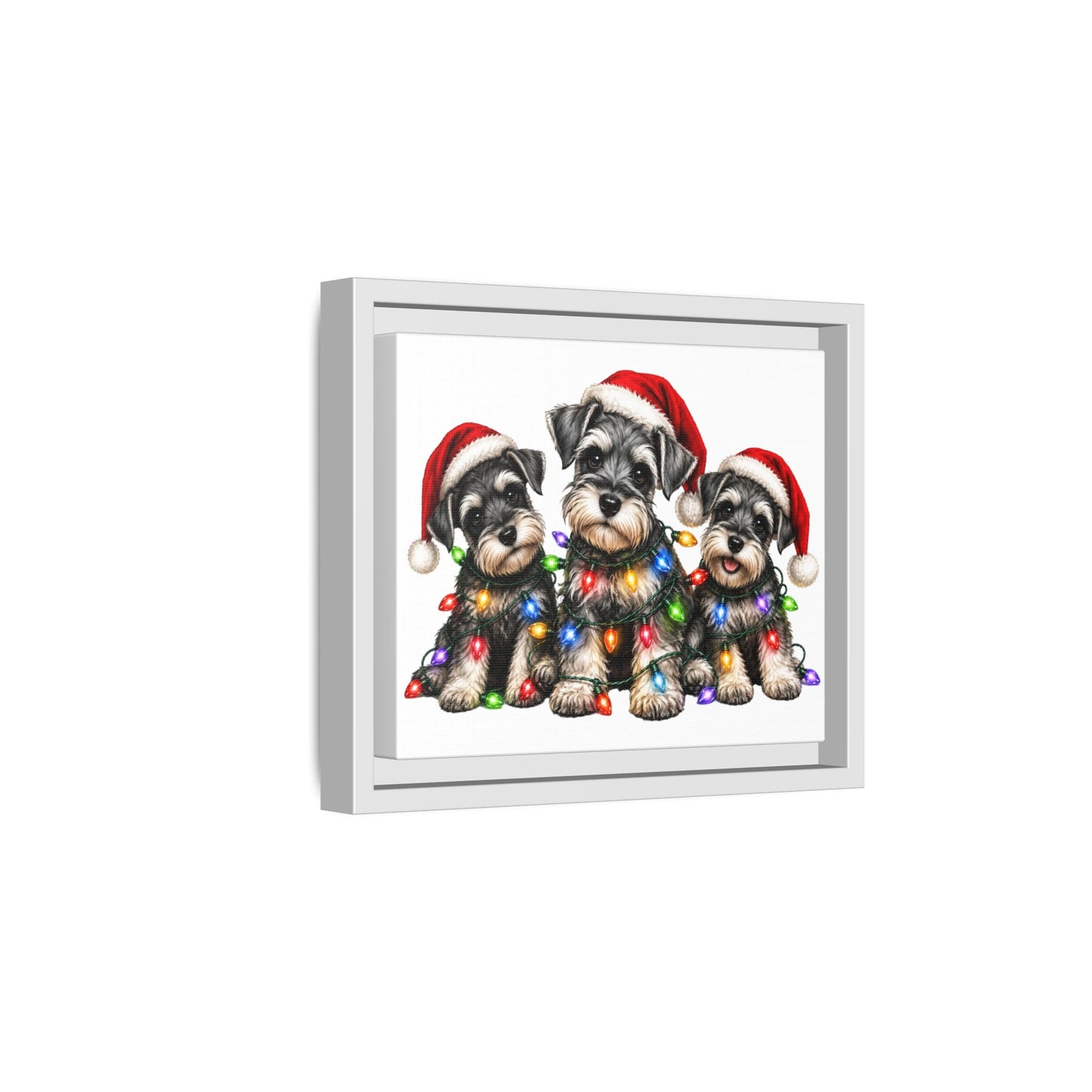 Christmas Schnauzer Canvas Print — Festive Puppies in Santa Hats (Matte Framed)