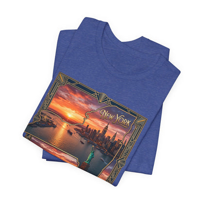New York Sunset Skyline Tee — Statue of Liberty Vintage Travel T‑Shirt