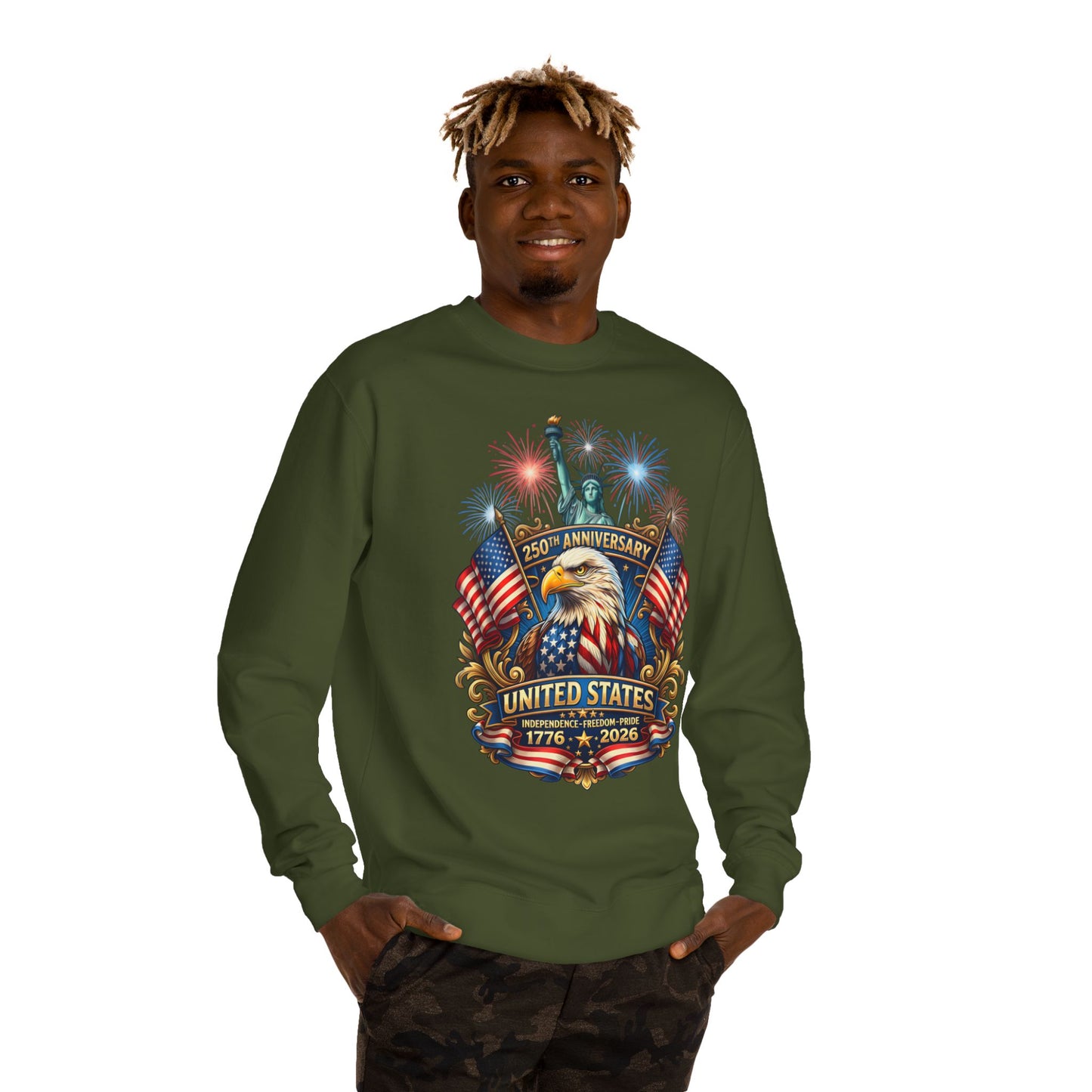 250th Anniversary United States Sweatshirt — Patriotic Eagle, Flags & Fireworks (1776–2026)