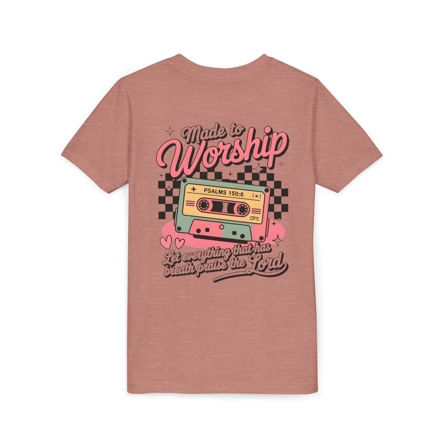 Made to Worship Youth Tee – Retro Cassette Christian Kids Shirt (Psalms 100:4)