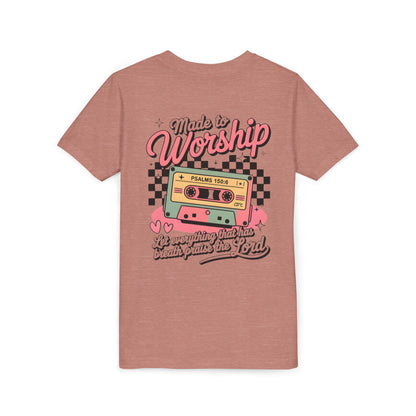 Made to Worship Youth Tee – Retro Cassette Christian Kids Shirt (Psalms 100:4)